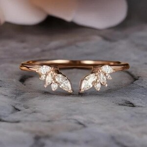 Rose Gold Open ring Delicate Diamond Wedding Band vintage petal engagement ring Delicate Stacking matching curved wedding band bridal ring
