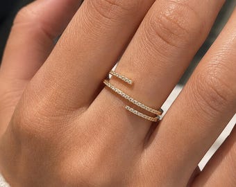 14K Solid Gold Wrap Around Ring, Pave Diamond Spiral Band, Dainty Half Eternity Stacking Ring, Unique Statement Ring for Women