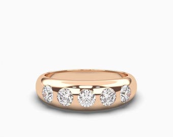Diamond Ring 14k Solid Gold / Dome Gold Ring with Round Moissanite or Diamonds Flush Setting / Statement Diamond Ring / Mother&#39;s Day Sale