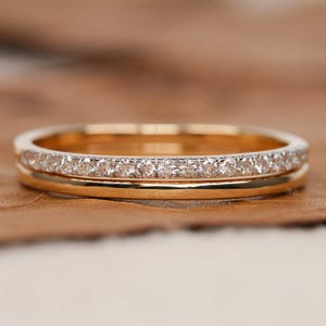14K Simple Minimalist Wedding Ring Set Lab Grown Diamond Band Set For Bridal Half Eternity Band Ring Set Small Band Set For Anniversary Gift