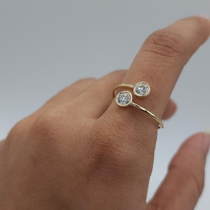 1 Ct Diamond Ring, 14K Gold 2 Stone Diamond Bezel Ring, Lab Grown Diamond Bypass Ring