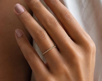 14K Solid Gold Twisted Rope Ring, 1.2mm Dainty Wedding Band, Minimalist Stacking Ring, Thin Gold Promise Ring, Simple Band
