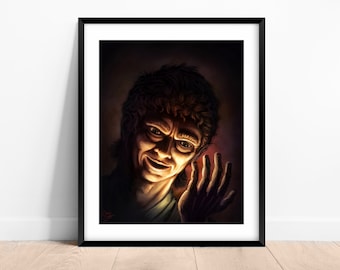 May include: Framed art print featuring a digital painting of a man with a sinister expression. The artwork has a dark, dramatic lighting, with the man's face and hand illuminated. The man has curly hair and is smiling.