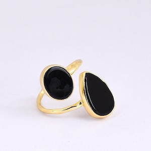 Black Onyx Ring, 18k Gold Plated Ring, Teardrop, Oval Two Stone Ring, Adjustable Ring, Gold Ring, Onyx Ring, Healing Crystal, Valentine Gift