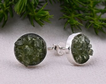 Handmade Sterling Silver Moldavite Studs: Raw Crystal Earrings