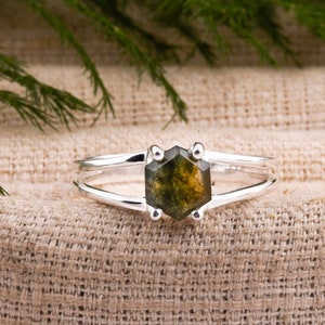Natural Moss Agate Gemstone Ring, Sterling Silver Ring, Handmade Ring, Moss Agate Dainty Ring,  Hexagon Cut Moss Agate Ring, Delicate Ring
