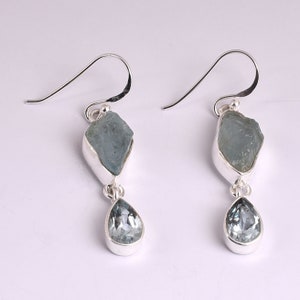 Raw Aquamarine & Blue Topaz Earrings: Sterling Silver Dangle, Birthstone Jewelry