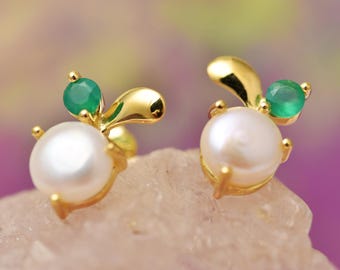 Brincos de prata esterlina com pérola e ônix verde: conjunto de bisel