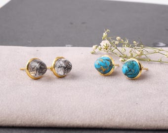 Brincos de Rutilo Negro e Turquesa: Prata de Lei Banhada a Ouro