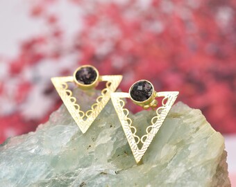 Brincos de prata esterlina com rutilo negro: pedra preciosa triangular minimalista