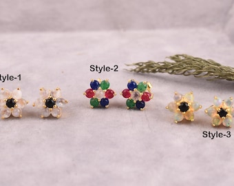 Brincos de flor com várias pedras preciosas: prata esterlina banhada a ouro