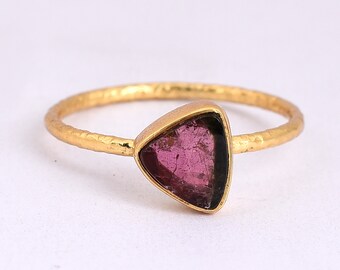 Gold Plated Sterling Silver Watermelon Tourmaline Ring: Hammered Band