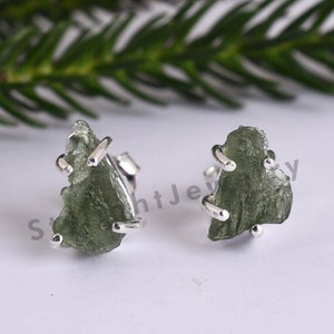 Natural Rough Moldavite Earring, Authentic Moldavite, 925 Sterling Silver Moldavite Earring, Raw Moldavite Prong Stud Earring, Gift for Her.