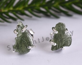 Raw Moldavite Stud Earrings: Authentic 925 Sterling Silver Prong Setting