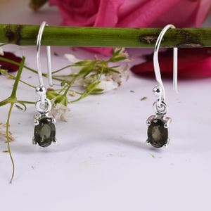 Oval Cut Natural Moldavite Dangle Earring •925 Sterling Silver Earring •Genuine Moldavite Jewelry • Prong Faceted- Natural Moldavite Earring