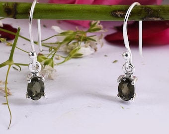 Brincos pendentes ovais de moldavita: prata esterlina 925, pedra preciosa genuína