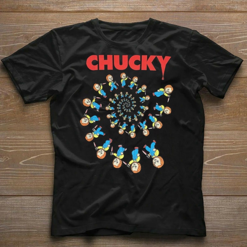 Chucky Men's T Shirt Spiral Print Child's Play Horror Movie Retro Halloween Tee 