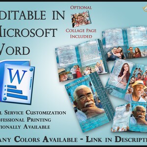 Op de afbeelding: Een blauwe en witte sjabloon voor een gedenkboek met de tekst "Loving Memory" en een foto van een man. De sjabloon is bewerkbaar in Microsoft Word en bevat een collagepagina. De tekst "Full Service Customization, Professional Printing Optionally Available, Many Colors Available - Link in Description" is ook inbegrepen.