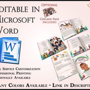 May include: An advertisement for customizable memorial cards. The image shows open booklets with photos and text, alongside a Microsoft Word icon. Text includes "Editable in Microsoft Word" and "Many Colors Available - Link in Description."