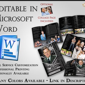 Könnte beinhalten: Ein schwarz-weißes Gedenkprogramm mit dem Text "EDITABLE IN MICROSOFT WORD" und "MANY COLORS AVAILABLE - LINK IN DESCRIPTION". Das Programm enthält eine Collage-Seite und ist anpassbar.