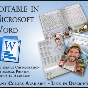 May include: A customizable funeral program template in Microsoft Word. The template features a gray background with a white lace border. The program includes sections for an obituary, order of service, and acknowledgements. The template is available in many colors.