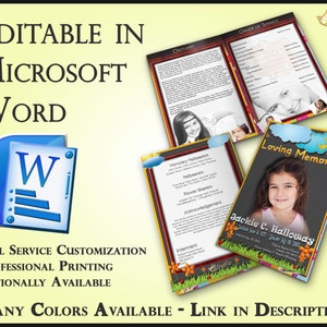 Può includere: Un modello di programma funebre stampabile in Microsoft Word con un design colorato che presenta un uccello, fiori e uno sfondo di lavagna. Il modello include sezioni per un necrologio, ordine del servizio, portatori onorari, portatori di bara, portatori di fiori, ringraziamenti, sepoltura e un ricordo affettuoso del defunto. Il modello è personalizzabile e può essere stampato professionalmente.