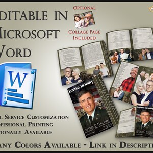May include: A green and white memorial booklet with a photo of a man in a military uniform. The booklet is titled "Loving Memory" and includes the name "Jeffrey C. Halloway". The booklet is editable in Microsoft Word and includes a collage page. The text "Many Colors Available - Link in Description" is at the bottom of the image.