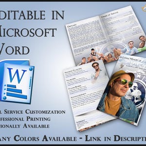 Può includere: Un'immagine con un'icona di Microsoft Word blu e bianca con la scritta "EDITABLE IN MICROSOFT WORD". L'immagine mostra un esempio di layout di necrologio con foto e testo, con le parole "FULL SERVICE CUSTOMIZATION" e "MANY COLORS AVAILABLE".