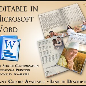 Op de afbeelding: Een sjabloon voor een begrafenisprogramma in Microsoft Word met een foto van een man in een veld. Het programma bevat secties voor een overlijdensbericht, een dienstvolgorde, ere-dragers, dragers, bloemendragers, dankbetuiging en begrafenis. Het programma is aanpasbaar en verkrijgbaar in vele kleuren.