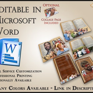 May include: Editable memorial booklet template in Microsoft Word. The template features a collage page, full service customization, and professional printing. The booklet is available in many colors.