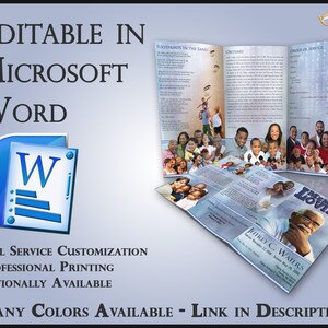 May include: A tri-fold funeral program template with a blue background and a photo collage of a family. The program includes sections for "Footprints in the Sand", "Obituary", "Order of Service", and "Memory Loving". The text "Editable in Microsoft Word" is displayed at the top of the image. The text "Full Service Customization, Professional Printing, Optionally Available" is displayed below the program. The text "Many Colors Available - Link in Description" is displayed at the bottom of the image.