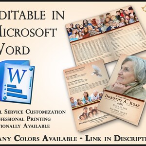 Può includere: Modello di programma funebre modificabile in Microsoft Word. Il modello presenta uno sfondo beige con un bordo marrone e una foto di una donna. Il testo "In Loving Memory of Dorothy A. Rose" è stampato in testo marrone. Il modello include sezioni per un necrologio, ordine del servizio, portatori di bara onorari, portatori di bara, portatori di fiori, ringraziamenti e disposizioni funebri.