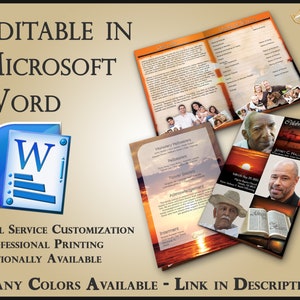 Può includere: Un modello di programma funebre con uno sfondo di tramonto e una foto di un uomo. Il programma è modificabile in Microsoft Word e include sezioni per il nome del defunto, la data di nascita, la data di morte, il necrologio e i dettagli del servizio. Il programma include anche una sezione per i portatori onorari, i portatori, gli omaggi floreali e i ringraziamenti. Il programma è disponibile in molti colori.