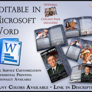 Op de afbeelding: Een blauw en wit Microsoft Word-pictogram met de tekst "Editable in Microsoft Word" erboven. De afbeelding toont ook een meerpagina's tellend boekje met een collagepagina en de tekst "Loving Memory" op de omslag. Het boekje is aanpasbaar en kan professioneel worden afgedrukt.