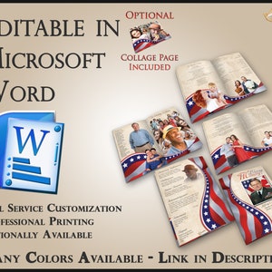 May include: Editable memorial booklet template in Microsoft Word with a collage page, full service customization, and professional printing options. The template features a red, white, and blue American flag design with a photo of a man in military uniform.
