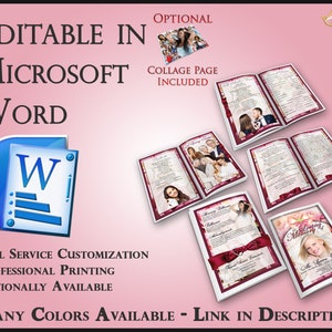 May include: A pink background with a Microsoft Word logo and sample memorial service templates. The text reads "Editable in Microsoft Word" and "Many Colors Available - Link in Description". The templates feature photos and text.