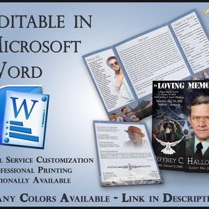 May include: A blue and white tri-fold funeral programme template with a photo of a man in a military uniform. The template is editable in Microsoft Word and includes a dove graphic, the text "In Loving Memory of", and the name "Jeffrey C. Halloway".