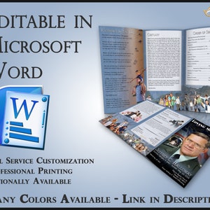 May include: A tri-fold funeral program template in blue and white with a photo of a man in a military uniform. The program includes sections for "Footprints in the Sand", "Obituary", "Order of Service", and "Loving Memory". The program is editable in Microsoft Word and includes the text "Full Service Customization", "Professional Printing", "Optionally Available", and "Many Colors Available - Link in Description".