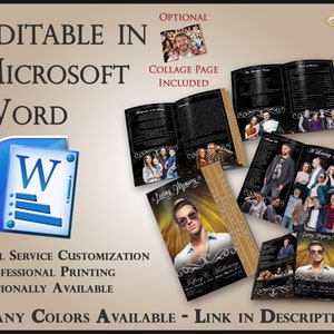 Op de afbeelding: Bewerkbare gedenkboek sjabloon in Microsoft Word. De sjabloon heeft een zwarte achtergrond met gouden accenten en een collagepagina. Het boek is aanpasbaar en kan professioneel worden afgedrukt.