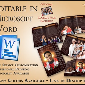 Peut inclure: Un modèle de programme funéraire brun et or avec une page de collage incluse. Le programme est modifiable dans Microsoft Word et présente une photo d'une femme sur fond de coucher de soleil. Le texte du programme indique "Home Going Service for Amy C. Holloway".