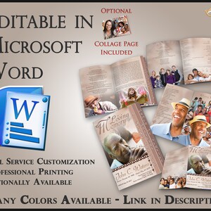 May include: A layout for a memorial service, featuring a Microsoft Word logo and the text "Editable in Microsoft Word." The design includes sample pages with photos and text, with the words "A Loving Memory" on the cover. The text "Many Colors Available - Link in Description" is also visible.