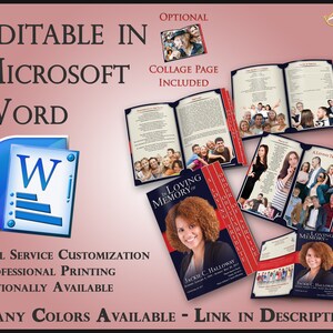 May include: A layout for a memorial service, featuring a portrait of a woman, with the text "In Loving Memory Of". The design includes editable elements in Microsoft Word, with a collage page included. The text reads "Many Colors Available - Link in Description."
