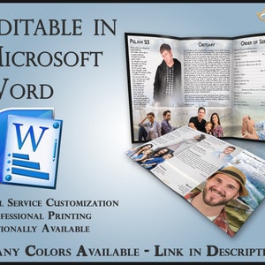 Puede incluir: Una plantilla de programa de funeral de tres pliegues con una foto de un hombre en la portada. El programa incluye secciones para un salmo, un obituario y el orden del servicio. El texto "Editable en Microsoft Word" se muestra en la parte superior de la imagen. El texto "Personalización de servicio completo, impresión profesional, disponible opcionalmente" se muestra debajo del programa. El texto "Muchos colores disponibles - Enlace en la descripción" se muestra en la parte inferior de la imagen.