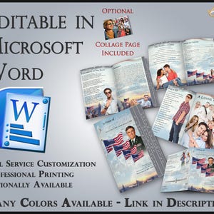 Op de afbeelding: Herdenkingsdienstsjablonen met patriottische thema's en familiefoto's, bewerkbaar in Microsoft Word. Inclusief een collagepagina. De tekst luidt "Many Colors Available - Link in Description."
