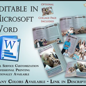 May include: A blue and white Microsoft Word icon with the text "Editable in Microsoft Word" above it. The image also shows a sample funeral programme with a collage page included. The programme is customisable and can be printed professionally. The text "Many Colours Available - Link in Description" is at the bottom of the image.
