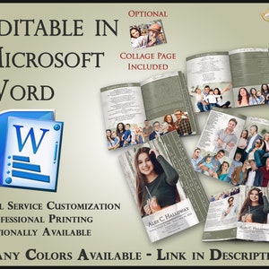 May include: A green and white funeral programme template with a collage page, editable in Microsoft Word. The programme features a photo of a woman and the text "Alex C. Halloway".