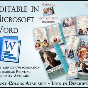 May include: Editable memorial book template in Microsoft Word. The template features a collage page, loving memory pages, and a world's greatest dad page. The template is customizable and available in many colours.