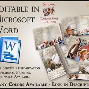 May include: A customizable memorial booklet template with a baseball theme. The template is editable in Microsoft Word and includes a collage page. The booklet features a photo of a man and the text "In Loving Memory".