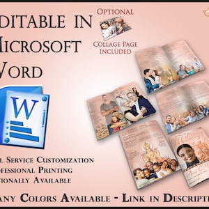 Può includere: Layout per un servizio commemorativo, con il testo "EDITABLE IN MICROSOFT WORD" e "MANY COLORS AVAILABLE". Il design include un'icona di Microsoft Word e pagine di esempio con foto e testo. È visibile anche "COLLAGE PAGE INCLUDED".