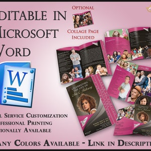 Op de afbeelding: Een brochure-ontwerp met de tekst "Bewerkbaar in Microsoft Word" en "Veel kleuren beschikbaar". De brochure bevat een collagepagina en is ontworpen voor een herdenkingsdienst, met foto's en tekst.